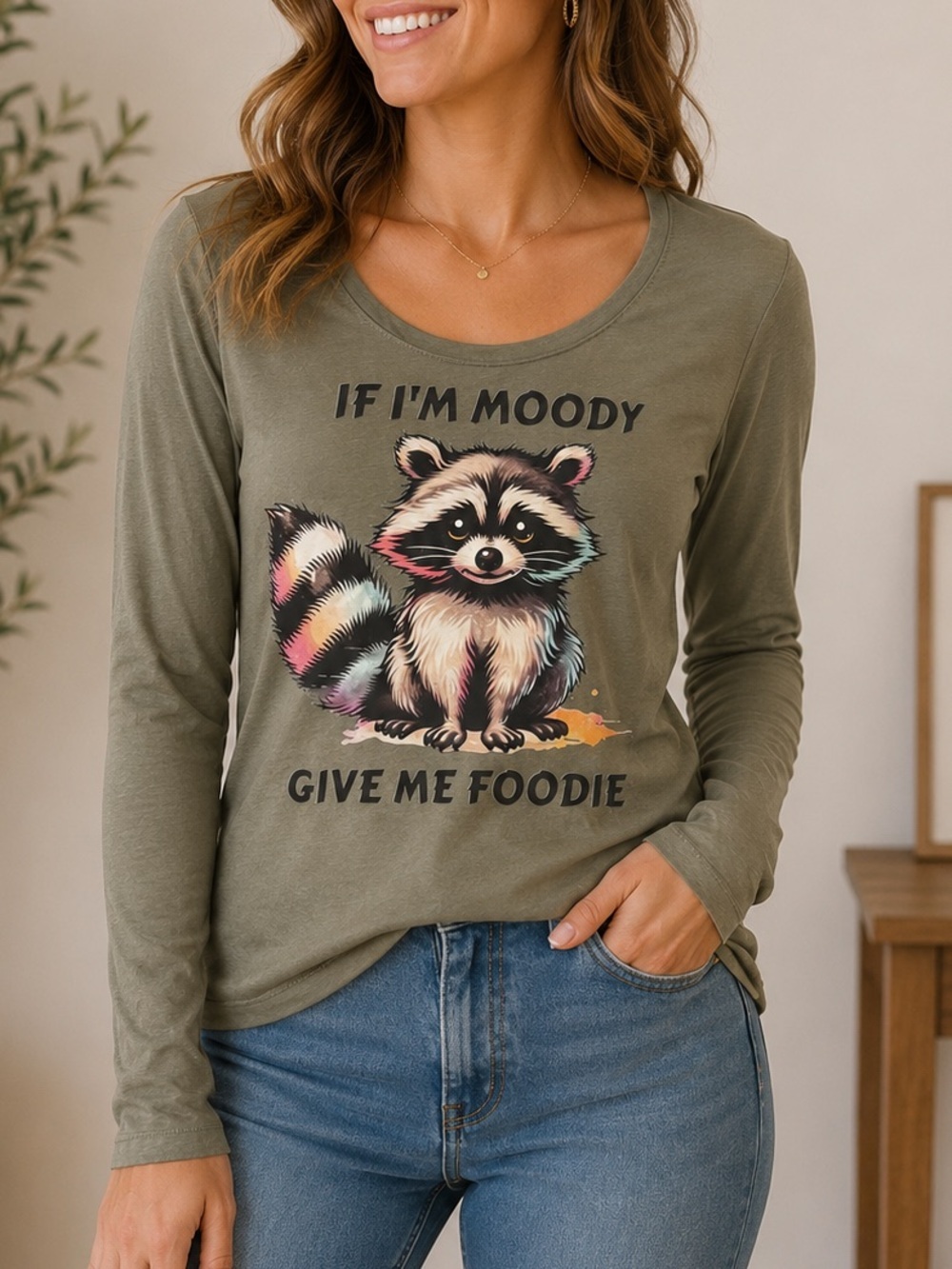 Hand Crafted Olive Green Long-Sleeve Tee with Raccoon Graphic MEDIUM